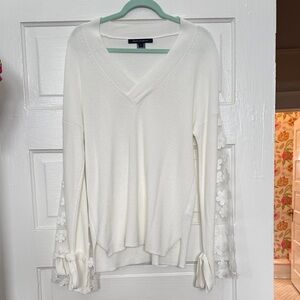 French Connection White V-Neck Sweater with Floral Lace Sleeves